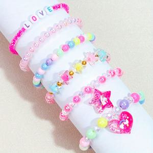 TEMU 6개 세트 여아용 별 & 하트 참 팔찌 - 파스텔 & 멀티컬러 비즈 보호 주얼리, 무독성 소재, 생일, 파티, 캐주얼 의상용 (핑크, 블루, 옐로우, 그린, 퍼플) - 금속 알레르기 없음, 청소년용