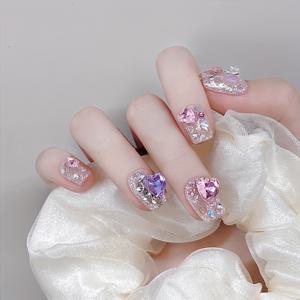TEMU 프렌치 스타일 하트 라인스톤이 있는 완전 세트 24개 짧은 코핀 프레스온 네일, 한국식과 일본식, 여성용, 젤리 글루 시트 1장과 네일 파일 1개 포함, 파티, 댄스, 일상 캐주얼 착용에 적합, 탈부착 및 재사용 가능