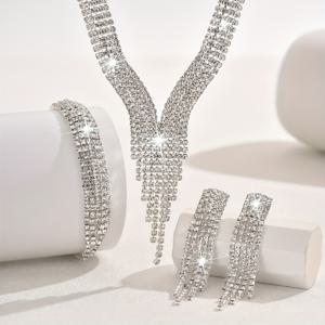 TEMU 여성용 태슬 목걸이, 귀걸이, 팔찌 세트 | 라인스톤 장식, 실버 도금, 구리 베이스, 파티 및 연회 행사에 적합