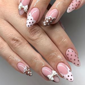 TEMU 10개입 핸드메이드 아몬드형 프레스온 네일 세트 - 프렌치, 브라운/화이트 도트 & 3D 리본 핑크 & 브라운 광택 인조네일 - 럭셔리 웨딩, 데일리 웨어, 재사용 가능한 네일 아트 (아몬드형, 미디엄 길이)|네일아트|네일팁