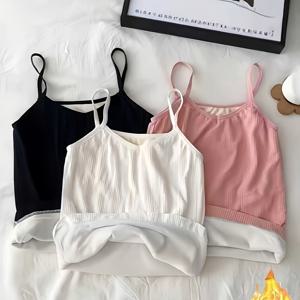 TEMU 3pcs 슬림핏 레이어링 탱크탑 - 겨울용 따뜻한 얇은 스트랩 민소매 셔츠, 블랙/화이트/핑크 솔리드 컬러, 청소년용 불투명 베이스 레이어, 손세탁 가능한 보온 언더셔츠 (캐주얼 & 포멀 웨어), 청소년용