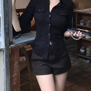 TEMU 여성용 7부 소매 셔츠, 봄/가을 맞춤 제작, 섹시한 단색 디자인, 매듭 스타일의 슬림핏, 싱글 브레스트 버튼, 칼라 포켓, 티셔츠 스타일.|여성블라우스