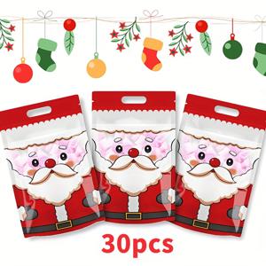 TEMU & 캔디케인 테두리가 있는 30팩 자동 밀봉 창문 선물 가방 - 헤비듀티 PP 재봉 지퍼 클로저, 빨간색 & 흰색 크리스마스 파티 선물 포장, 간식, 양말 충전용 (대량 팩)|가방