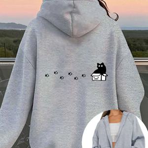 TEMU 여성용 귀여운 고양이 프린트 긴팔 후드 지퍼업 스웨트셔츠 자켓 - 스포티 캐주얼 스타일, 부드럽고 통기성 좋은 폴리에스터, 230g, 프린트 디자인, 가을/겨울용 긴팔 + 패셔너블하고 미니멀, 장난스럽고 사랑스러운, 편안하고 통기성 좋은, 활력 가득