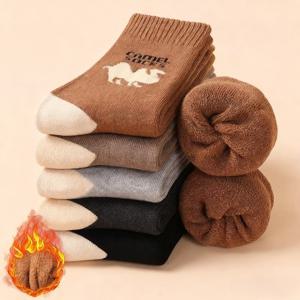 TEMU 남성용 플러스 사이즈 카멜 테리클로스 안감 양말 5켤레 세트, 두껍고 따뜻한 겨울 야외용 가정용 캐주얼 크루 기장