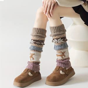 TEMU 크리스마스 가을 사슴 장식 니트 양말 커버, 무릎 높이 보온 레그 워머, 종아리 양말, 발 커버, 선물