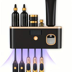 TEMU 1개 스마트 칫솔 살균기 + 자동 치약 디스펜서 - 벽걸이형, 5구 저장공간, 내구성 플라스틱, USB 충전 리튬 배터리, 모던 욕실 정리함 & 홈 데코, 칫솔 보관함, 욕실 정리함 | 모던 칫솔 보관함 | 내구성 플라스틱 스탠드, 칫솔 보관 정리함
