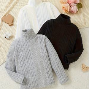 TEMU 여아용 3피스 하이넥 긴팔 스웨터 - 포근한 겨울 따뜻함, 부드러운 니트 풀오버 탑, & 가을/겨울용 캐주얼 라운드넥 스웨터, 세탁기 사용 가능한 단색 의상, 겨울 의류, 클래식 니트, 내구성 좋은 니트, 학교복, 어린이 가디건, 초등여아 가을옷