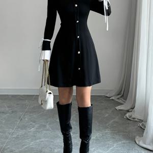 TEMU 여성용 우아한 A라인 버튼 프론트 드레스 - 칼라 디자인, 사계절 정장 웨딩 게스트 가운, 소형 라운드 넥 버튼 클로저 롱 슬리브 드레스, 세탁기 사용 가능 (컬러 블록) 파티 및 특별한 날을 위한 여성 의상