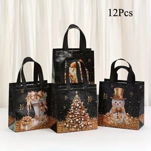 TEMU 12개 고급 크리스마스 선물 가방, 블랙 & 골드 컬러 매칭, 튼튼한 핸들, 눈사람 & 크리스마스 트리 다양한 디자인, 재사용 가능한 부직포 토트백, 일상 쇼핑, 새해, 선물, 휴일 파티 장식용