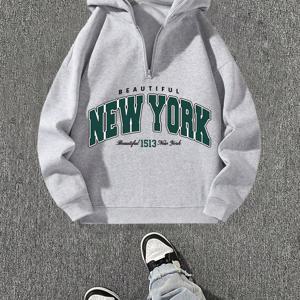 TEMU 남성용 캐주얼 지퍼업 후드티, 단색, 레귤러 핏, 세탁기 사용 가능, 봄/가을의 계절 전환 착용에 적합, 출퇴근 및 일상 사용에 이상적, 하프 지퍼 디자인 및 골지 커프스 및 밑단 특징.