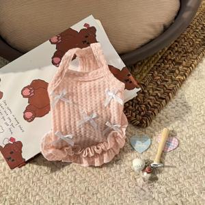 TEMU 리플 스트랩리스 드레스, 리본 강아지 얇고 통기성 좋은 조끼, 양다리 귀여운 테디 옷, 중간 및 소형견에게 적합, 사계절 애견 의상