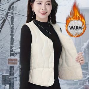 TEMU 여성용 새로운 가을/겨울용 두꺼운 플리스 조끼, 핏 좋은 숏 V넥 따뜻한 안감, 안/외복 겸용 다용도 베이스 레이어, 편안한 탱크 탑 조끼 (사이즈는 크게 나옵니다. 주문 시 적합한 사이즈를 선택하는 것을 권장합니다.)