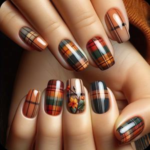 TEMU 엘리의 풀 세트 글로시 프레스온 네일 - 스코틀랜드 타탄 & 플로럴 액센트, 브라운/그린/베이지/블랙/레드, 사각형 미디엄 길이 가을 겨울용 인조 네일, 파티 웨딩 데일리 웨어를 위한 쉬운 적용 네일 아트