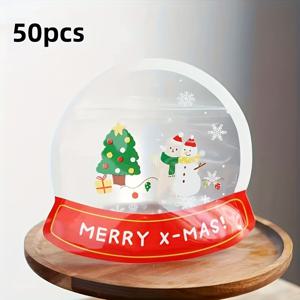 TEMU 50개 크리스마스 카툰 눈꽃 선물 가방 - 자립형 카툰 테마 플라스틱 봉지, 쿠키와 사탕 선물용, 완벽한 크리스마스 선물
