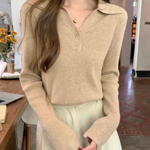 TEMU 여성용 코리안 스타일 베이지 스트레치 스웨터 재킷 - 긴 소매 칼라 버튼 프론트 , 캐주얼 & 오피스 웨어용 코리안 패션 솔리드 컬러 겨울 코트, 손세탁 가능한 레이어드 아웃핏 (가슴 패딩 없음)