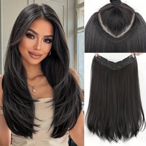 TEMU 24인치 인비저블 헤어 익스텐션 여성용 롱 V형 헤어 익스텐션 3/4 풀 헤드 클립 인 헤어 익스텐션, 볼륨 추가용, 4개의 안전 클립, 합성 천연 소프트 인비저블 브라운 헤어 익스텐션, 데일리 파티용