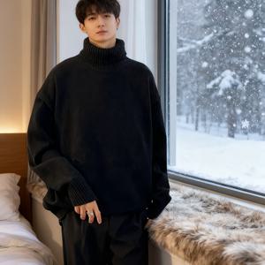 TEMU 남성 패션 플러스 사이즈 하이넥 긴팔 단색 니트 스웨터 | 아크릴, 캐주얼 프레피 스타일, 레귤러 핏, 가을/겨울 시즌|빅사이즈