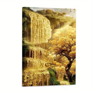 TEMU 1개 골든 워터폴 & 골든 트리 액자 캔버스 벽 아트 - 12x18 인치 모던 중국 풍경화, 골드 스톤 텍스처, 고급스러운 자연 풍경, 사무실, 거실용 - 후크 앤 프레임 실내 선물, 2D 플랫, 룸 데코에 완벽