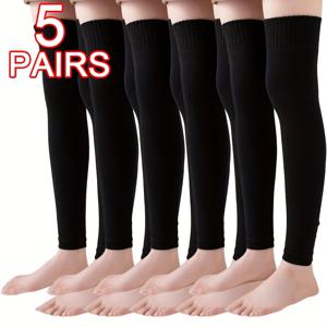 TEMU 5켤레 무지 니하이 양말, 단색, 가을/겨울 따뜻함을 위한 두꺼운 플리스, 무릎 보호, 반장지름 여성용 양말 (블랙), 봄/가을용 플리스 니하이 무릎 및 허벅지 양말, 부츠와 매치하는 종아리 슬리브