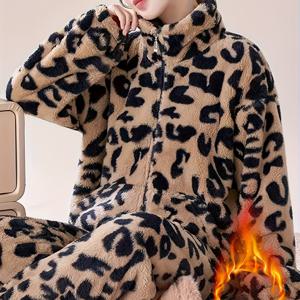 TEMU 겨울 프린트 안감 두꺼운 여성 지퍼업 가디건 투피스 세트 - 캐주얼 편안한 긴팔 긴바지 라운지웨어, 따뜻한 턴칼라 라이트 베이지 소프트|잠옷|냉장고바지|가디건