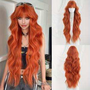 TEMU 여성용 롱 루즈 웨이브 오렌지 가발 - 열 저항 합성 헤어, 할로윈, 카니발, 뮤직 페스티벌용 34인치 고밀도 가발