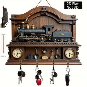 TEMU 2D 평면 클래식 기차와 선로 패턴 장식 벽시계, 네 개의 금속 후크 포함, 현관, 방, 빌라에 적합, 11.81인치 x 9.06인치 다기능 홈 데코 DIY 나무 열쇠걸이, 2D 평면 디자인 아이디어 크리스마스 휴일 장식, 2D 평면