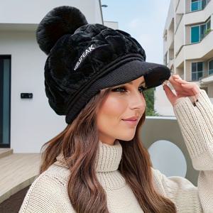 TEMU 여성용 겨울 플러시 베레모 모자 폼폼 & 턱끈 포함 - 부드러운 베이지/블랙/브라운/커피 브라운 - 추운 날씨에 적합한 가벼운 보온, 손세탁 가능, 데이 & 일상복용 (신축성 없는 꼭 맞는 핏)