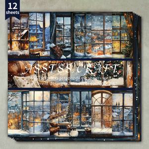 TEMU 12장 세트 ASSTSS 겨울 창문 스크랩북 용지 패드 - 유럽 스타일 눈 덮인 유럽 마을, 크리스마스 & 새해 테마 헤비급 카드스톡 - 불릿 저널링, 인사말 카드용 무료 백킹 시트 포함, 6
