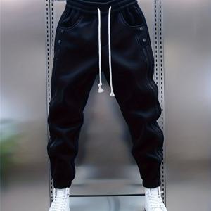 TEMU 블랙 & 세로 줄무늬 겨울 팬츠 - 신축성 허리와 커프 처리된 밑단, 루즈핏 따뜻한 바지, 날씨에 적합, 세탁기 사용 가능한 캐주얼웨어 (벨트 미포함)|냉장고바지|빈티지|바지