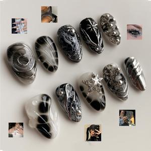 TEMU 8.23-YMQ-5039 핸드메이드 XS S M 블랙 패션 스위트 쿨 스파이시 3D 도트 글루 스타 도트 숏 아몬드 스타일 인조 손톱 10개입|네일재료