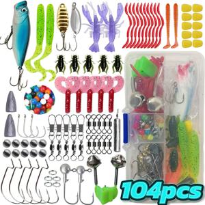TEMU 초보자 낚시를 위한 필수 표면 루어 세트 (하드 베이트, T-테일 소프트 베이트, 크랭크 베이트, 바이오닉 곤충 및 기타 낚시 장비 액세서리 포함), 104피스 낚시 세트, 모든 물에 적합한 범용 낚시 세트, 박스 포함 완벽한 낚시 장비 세트