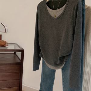 TEMU 여성 슬림핏 V넥 긴팔 티셔츠 - 스트레치 캐주얼 탑, 대비되는 칼라, 단색, 가을/겨울용 다용도 레이어링, 시크하고 젊은 스타일, 겨울 의류 | V넥 탑 | 중간 탄성|반팔티|반팔티셔츠|반팔셔츠