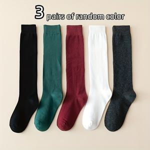 TEMU 여성용 단색 일본 스타일 니하이 삭스 3켤레