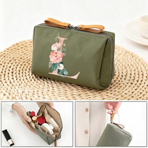 TEMU 여성용 대용량 코듀로이 스타일 메이크업 파우치 - 두꺼운 부드러운 화장품 정리 파우치, 골드톤 '레터 & 핑크 리본 플로럴 프린트 (다크 그린/블루), 여행용 화장품 케이스 (브러쉬, 립스틱, 뷰티 필수품 수납)