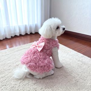 TEMU 1개 푸들 드레스 - 러플 레이어 & 핑크 장미 트림 - 레이스 느낌의 소형~중형견 강아지 코스튬 (치와와, 포메라니안, 시츄) - 세탁기 사용 가능, 웨딩, 파티, 포토 촬영용 의상
