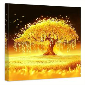 TEMU 1개 골든 웰스 트리 액자 캔버스 벽 장식 - 중국식 번영 상징, 금색 & 가지, 나무 프레임, 거실/사무실/집들이 선물용 /아르데코 스타일, 수평형 골든 트리