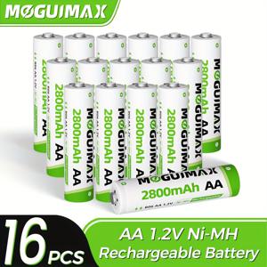 TEMU MOGUIMAX AA2800mAh 고용량 16셀 니켈-금속수소화물(NiMH) 충전지 - 스마트폰, 태블릿, MP3 플레이어, 손전등, RC 자동차, 태양광, 장난감, 야외 장치용 장시간 지속 전원 - AA 장치와 호환 가능