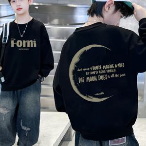 TEMU 남아용 오버사이즈 긴팔 티셔츠 - 한국어 텍스트 & 달 프린트 뒷면, 한국 웨이브 스타일 캐주얼 스웨터 느낌 상의, 초루즈핏 라운드넥 셔츠, 캐주얼 복장, 봄/가을 레이어링 (세탁기 사용 가능) - 한국 드라마
