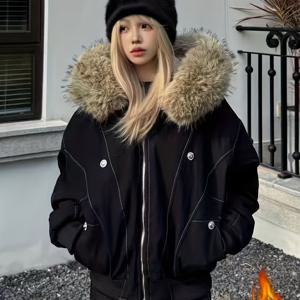 TEMU 겨울 한국 스타일 풀 집업 후드 여성 재킷 | 빅 칼라, 루즈핏, 단색, 레귤러 소매, 밑단 디테일의 빈티지 두꺼운 코트