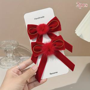 TEMU 2개입 우아한 헤어 보우 클립 - 레드 벨벳 & 골드 보우 헤어 액세서리, 플러시 볼 장식, 올 시즌 파티 & 데일리 헤어 액세서리 (여아용), 발렌타인데이, 크리스마스 선물, 축하 헤어피스, 장식 헤어피스, 머리핀, 리본핀, 여아 머리핀, 헤어악세사리, 헤어핀, 머리핀 여아