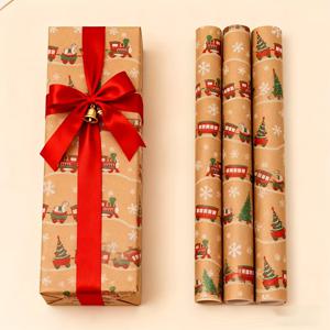 TEMU 크리스마스 기차 테마 크래프트 포장지, 빈티지 스타일 선물 포장 재료, 크리스마스 선물 상자 장식용 종이