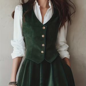 TEMU V넥 조끼와 하이웨이스트 레이스 패널 스커트가 포함된 새로운 스타일리시하고 우아한 여성용 벨벳 레이스 슈트 세트