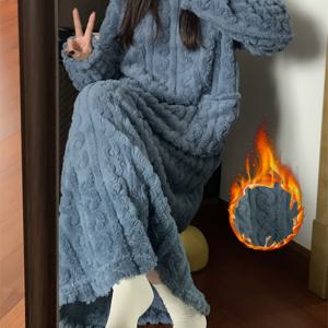 TEMU 여성용 두꺼운 플리스 세트 | 캐주얼 크루넥 롱 로브, 반팔, 단색, 가을/겨울 잠옷|여성원피스|반팔니트|가을원피스