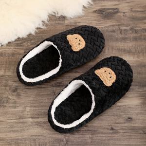 TEMU 귀여운 곰 슬리퍼 - 발바닥 프린트 & 웃는 얼굴, 부드러운 그레이 전면 패브릭 실내화, 쉬운 슬립온 겨울 따뜻한 부티 (청소년용), 포근하고 내구성 있는 라운드 토 디자인, 청소년을 위한|슬리퍼