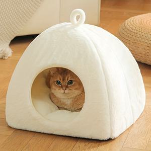 TEMU 사랑스러운 고양이 수면 공간 - 고품질 긴 털의 플러시 고양이 쉼터, 세탁 가능한 지지력 있는 애완 동물 동굴이 있는 실내 고양이를 위한 아늑한 침대.