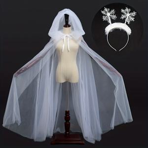 TEMU 2개 세트 화이트 더블 레이스 케이프 + 드레스 & 눈꽃 머리띠, 후드 레이스 디자인 할로윈 코스튬 및 새해 장식용, 타이백 스타일