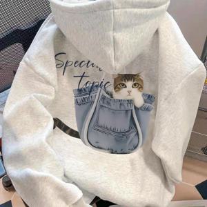 TEMU 미국 스트리트 스타일의 재미, 가방 속 고양이, 레터 프린트 긴소매 후드 플리스 스웨트셔츠 남녀 공용, 루즈한 커플 하이 스트리트 트렌디 브랜드 다용도 후드티 가을/겨울용.