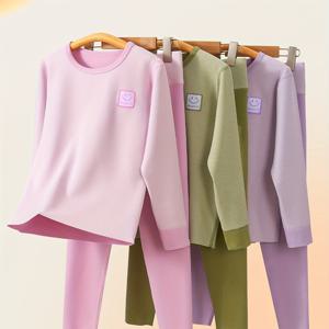 TEMU 2세트/4피스 여아용 따뜻한 언더웨어 세트, 안감 탑과 하이웨이스트 팬츠, 기쁜 얼굴 캐릭터 패턴 디자인, 베이직 핏, 봄/가을 스타일, 중/대형 여아용 베이스 레이어, 라운드넥 긴팔 풀오버 탑, 데일리 웨어, 하이웨이스트 따뜻한 자매 세트, 부드럽고 편안함, 가을/겨울 의류 GX