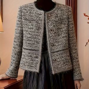TEMU 여성용 프렌치 스타일 청키 트위드 숏 재킷 - 버튼 프론트 클로저 라운드넥 숏 , 스마트 캐주얼 아우터웨어, 페티트 여성용, 사계절 착용 가능 (잉글리시 트위드/스코티시 트위드)